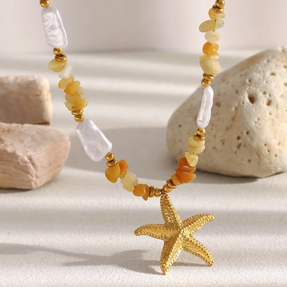 Starfish Pendant Necklace Stainless Steel 18K Gold Plated Natural Stone Imitation Artificial Pearl Ocean Beach Style For Women