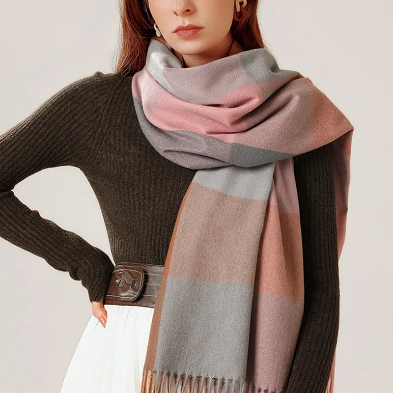 Plaid Scarf Imitation Cashmere Soft Warm Extra Long Shawl With Fringes Winter Elegant Casual Accessories For Women