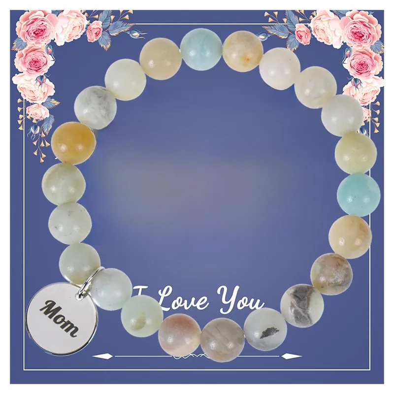 Bracelet En Perles De Pierre Naturelle Avec Pendentif Coeur En Acier Inoxydable Pour Maman Grand-Mère Cadeau