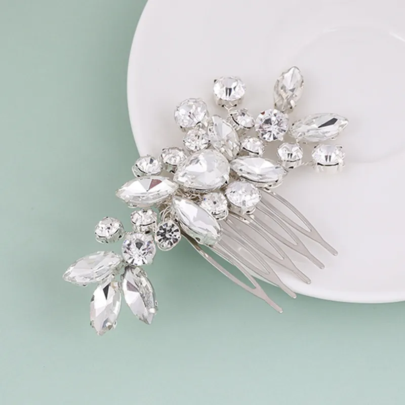 Pettine Per Capelli Da Sposa Lega Strass Cristallo Design Foglia Di Fiore Matrimonio Festa Accessorio Elegante