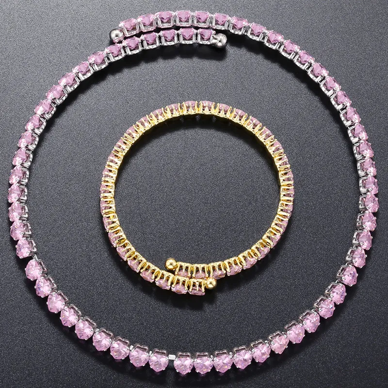 Κολιέ Και Βραχιόλι Από Χαλκό Με Επιχρύσωση 18K Και Ζιρκόνια Καρδιά Για Γυναίκες Ρομαντικό Μενταγιόν Καρδιά Ροζ Λευκό