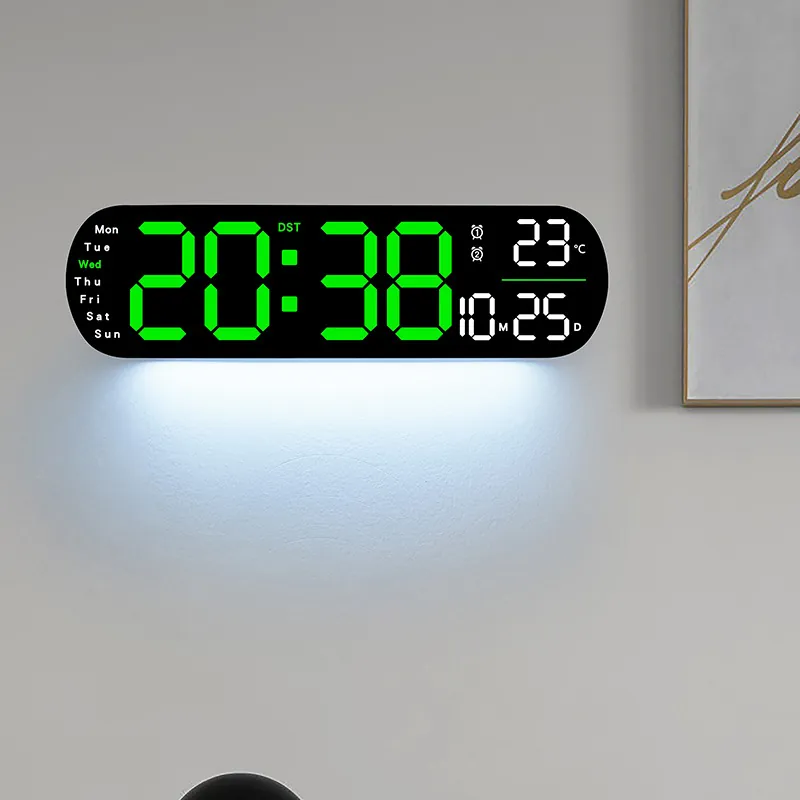 Modern LED Digital Wall Clock Large Display Temperature Date Week Alarm Remote Control Ambient Backlight Decorative 5502