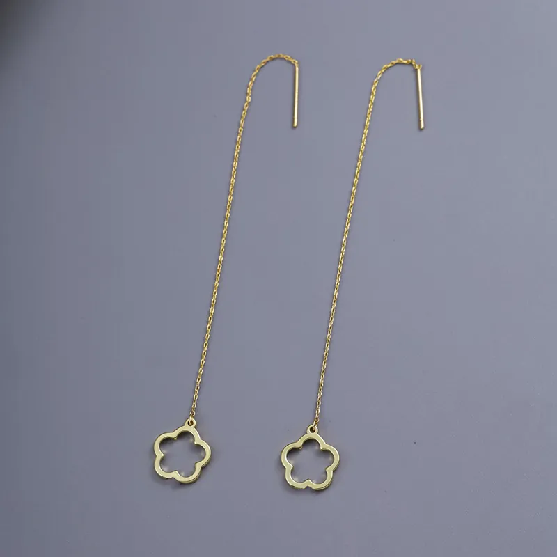 Elegant Gold Plated Copper Long Tassel Ear Line Earrings With Hollow Five Petal Flower Pendant Women Trendy Style