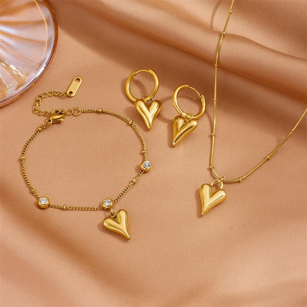 Fashion Stainless Steel Heart Pendant Jewelry Set For Women Gold Silver Rhinestone Heart Necklace Bracelet Hoop Earrings Gift
