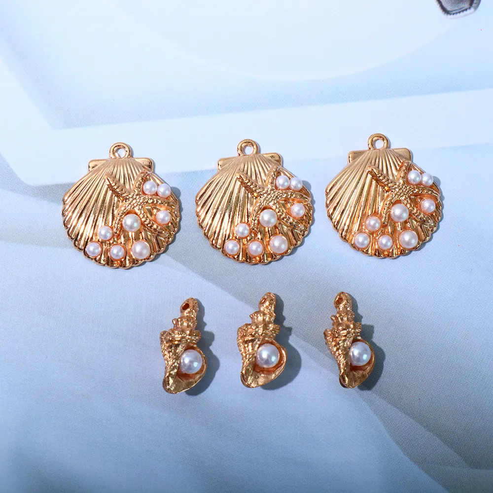 Ocean Theme Sea Shell Conch Charms Alloy Imitation Artificial Pearl Pendants For DIY Jewelry Making Gold Plated Accessories