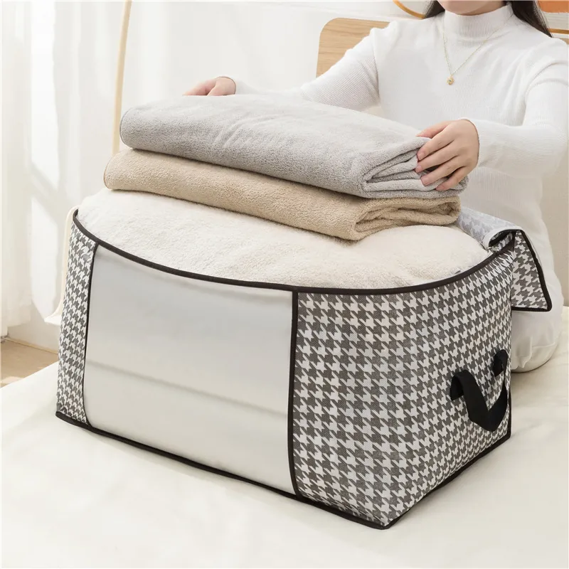 Houndstooth Quilt Storage Bag Large Capacity Non-Woven Fabric Clothes Organizer With Transparent Window And Handle