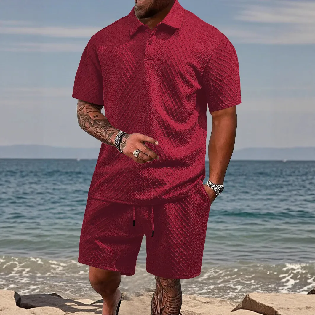 Men's Casual Jacquard Polo Shirt And Shorts Outfit Breathable Textured Knit Summer Beach Sportswear Leisure Suits For Men
