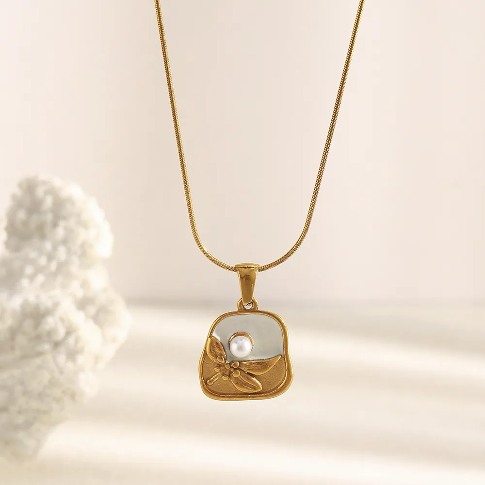 Butterfly Dragonfly Pendant Necklace 18K Gold Plated Stainless Steel White Oil Drop Imitation Artificial Pearl Vintage Jewelry Women