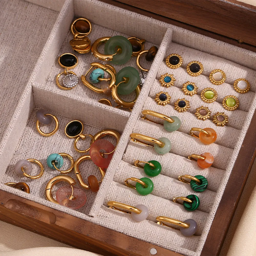 Vintage Edelstahl 18K Vergoldete Ohrringe Für Damen Geometrische Sonne Katzenaugenstein Naturstein Achat Strass Ohrringe