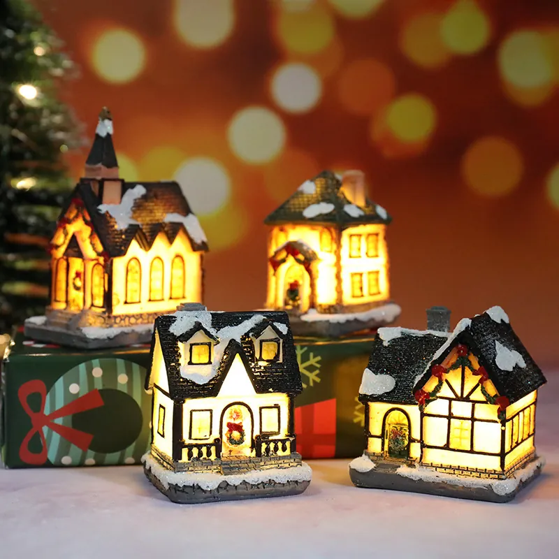 Décorations de Noël Maison de Ville en Résine Lumineuse LED Village de Neige pour Décoration de Bureau Cadeaux de Vacances