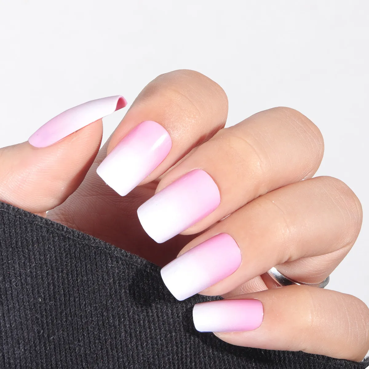 Pink White Ombre Gradient Press On Nails Matte Square Full Cover Waterproof Artificial Fake Nails DIY Manicure Style