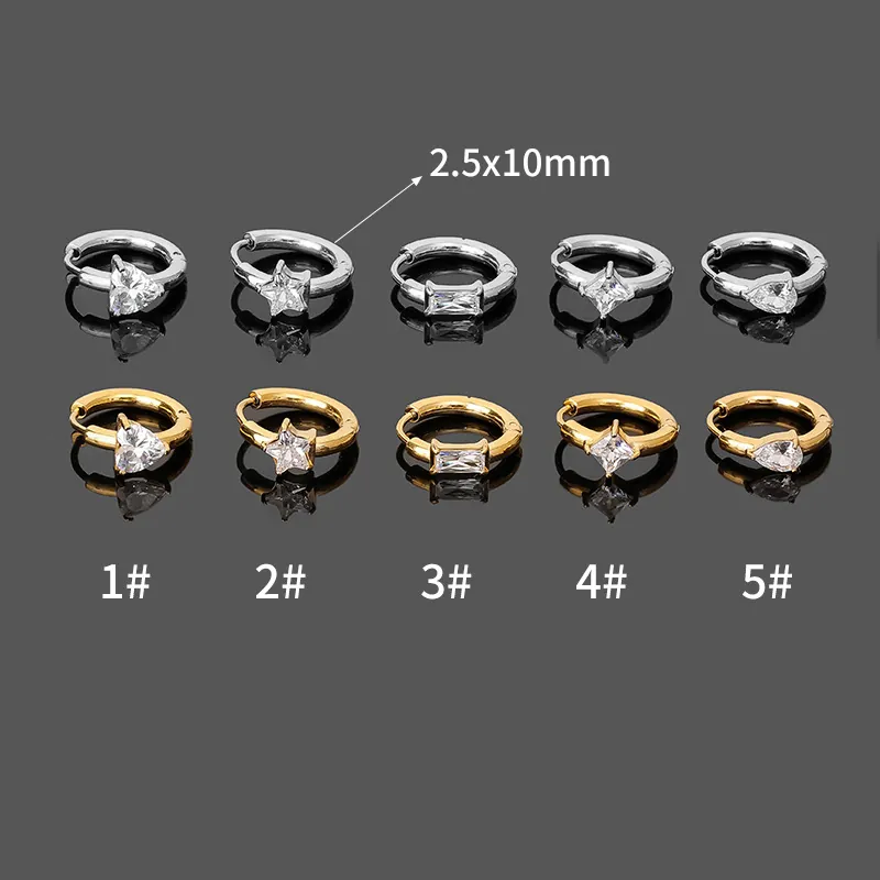 Simple Stainless Steel Hoop Earrings With Rhinestone Heart Star Geometric Charms Fashion Body Piercing Jewelry For Women Men