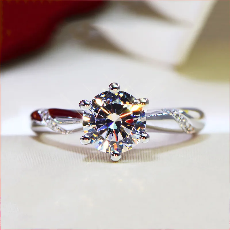 Classic Six-Claw Copper Rhinestone Open Ring For Women Elegant Silver Plated Hearts And Arrows Simulated Diamond Engagement Jewelry