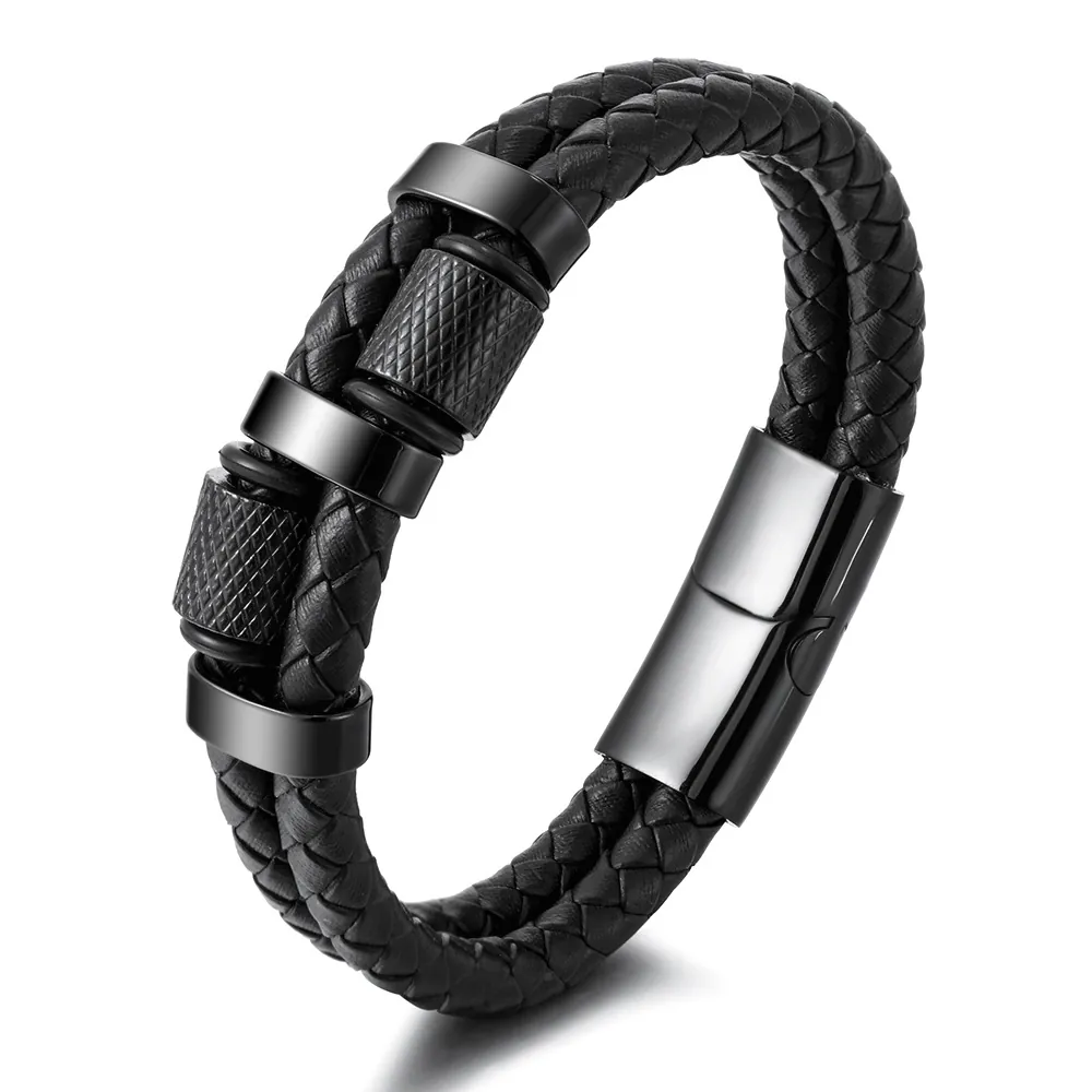 Men's Braided Leather Bracelet With Stainless Steel Magnetic Clasp Punk Multi Layer Wristband Jewelry