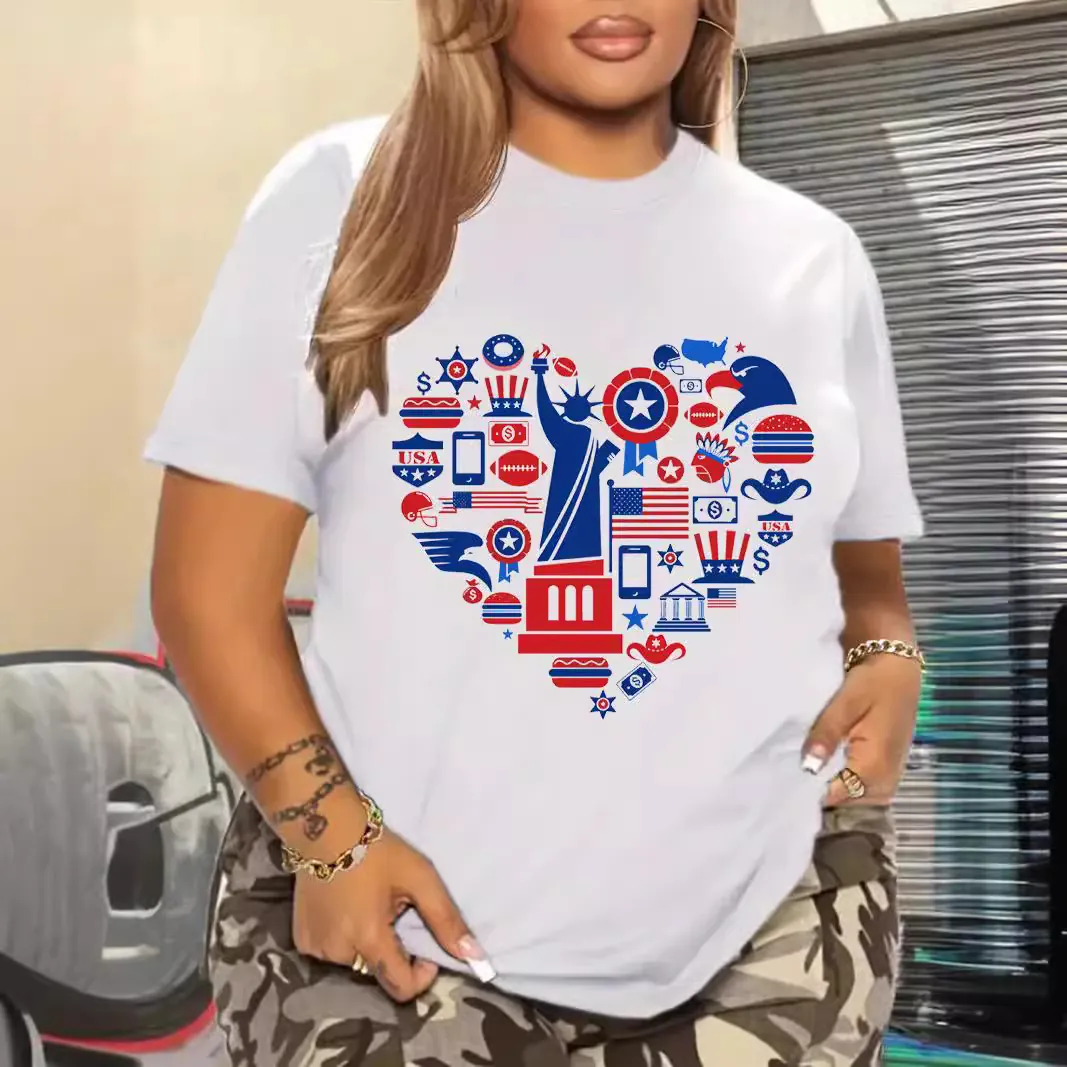 T-Shirt En Coton Pour Hommes Grande Taille Manches Courtes Col Rond Imprimé Graphique Élément USA En Forme De Coeur Top D'été