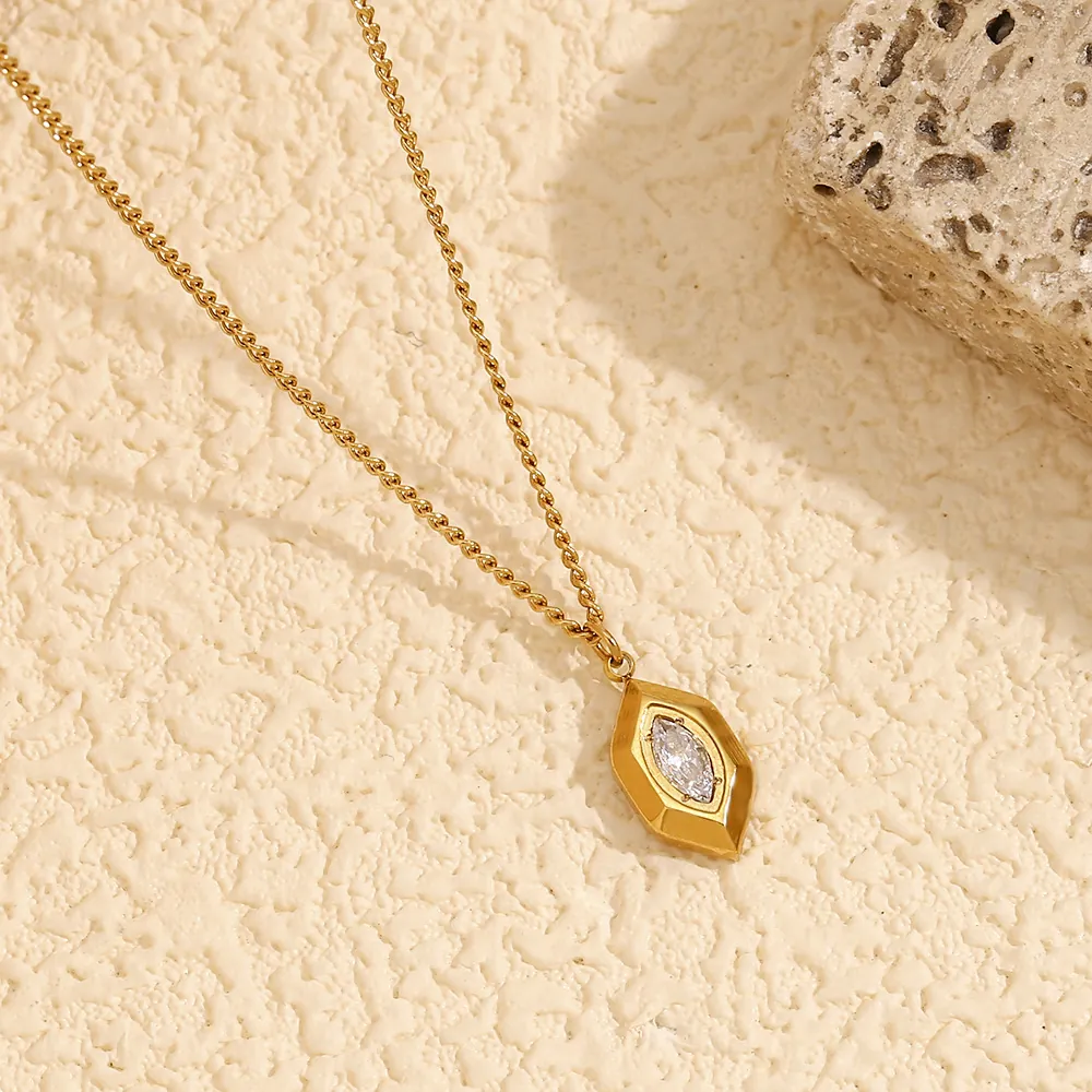 Geometric Rhombus Pendant Necklace Stainless Steel Gold Plated With Marquise White Cubic Zirconia Niche Style Women Jewelry