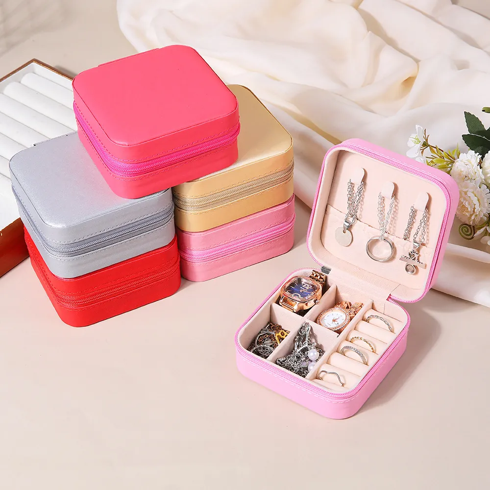 Portable Jewelry Organizer Box PU Leather Square Travel Storage Case With Zipper For Rings Earrings Necklaces