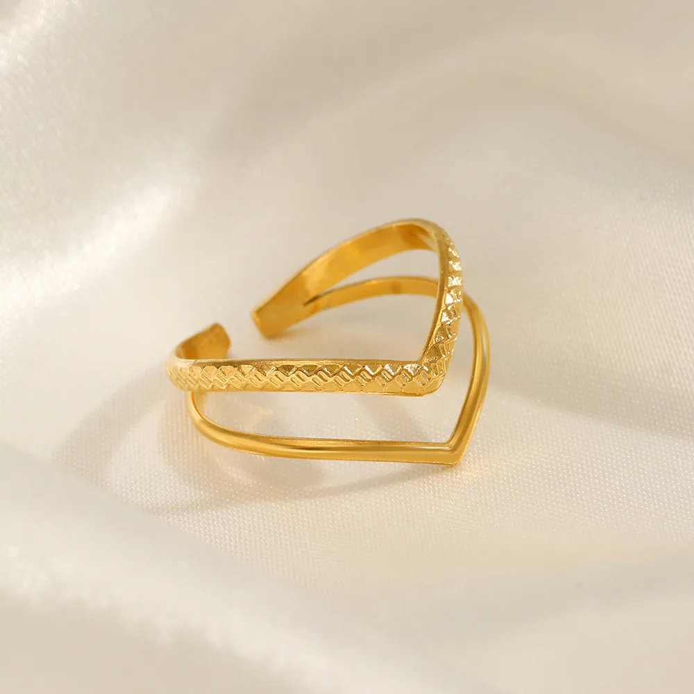 Anello Aperto A Doppia Strato A Forma Di V In Acciaio Inossidabile Strutturato Geometrico Minimalista Gioielli Regolabili Per Donna