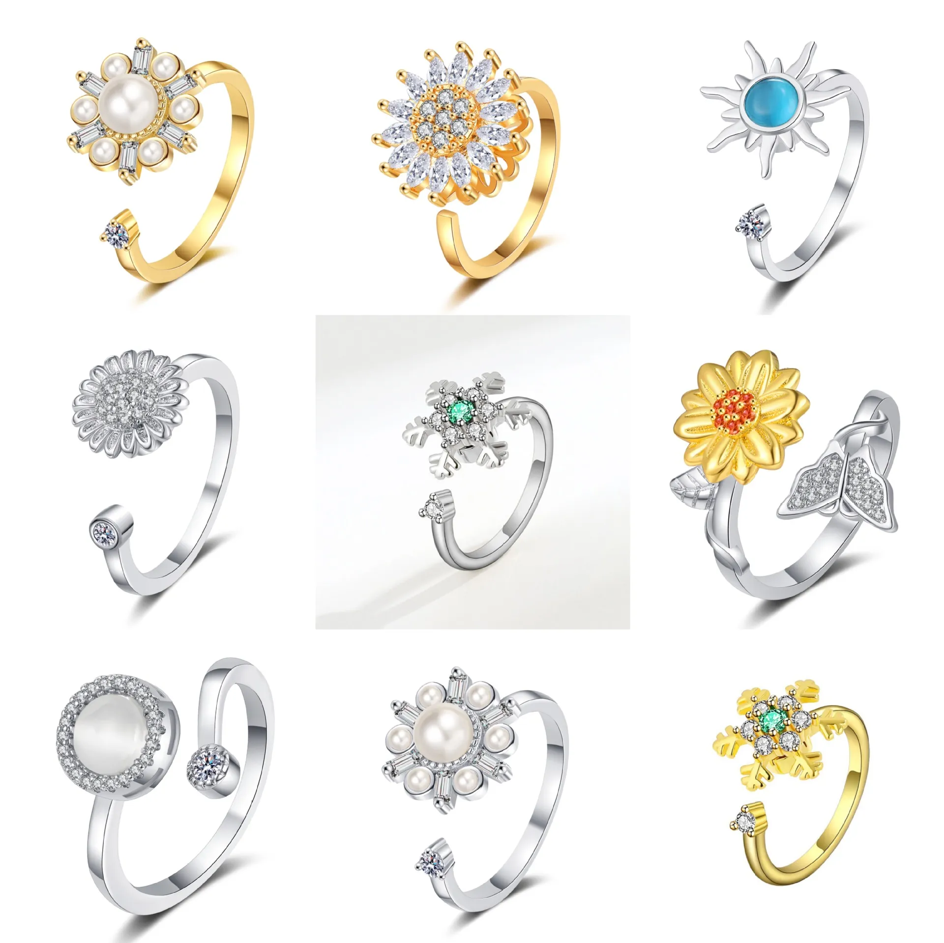 Rotating Spinner Rings For Women Copper Adjustable Fidget Ring With Zircon Opal Sunflower Snowflake Designs For Stress Relief