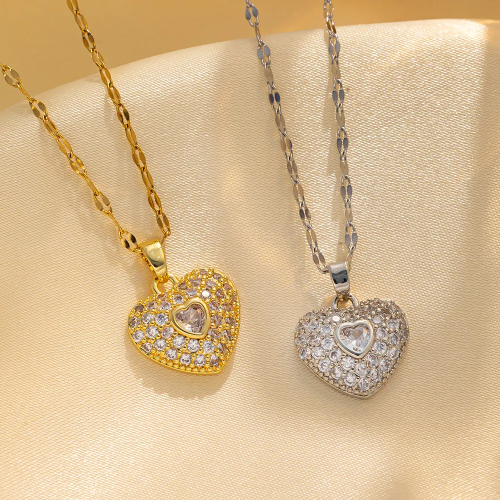 Heart Pendant Necklace Stainless Steel Pave Rhinestone Luxury Wedding Banquet Jewelry For Women