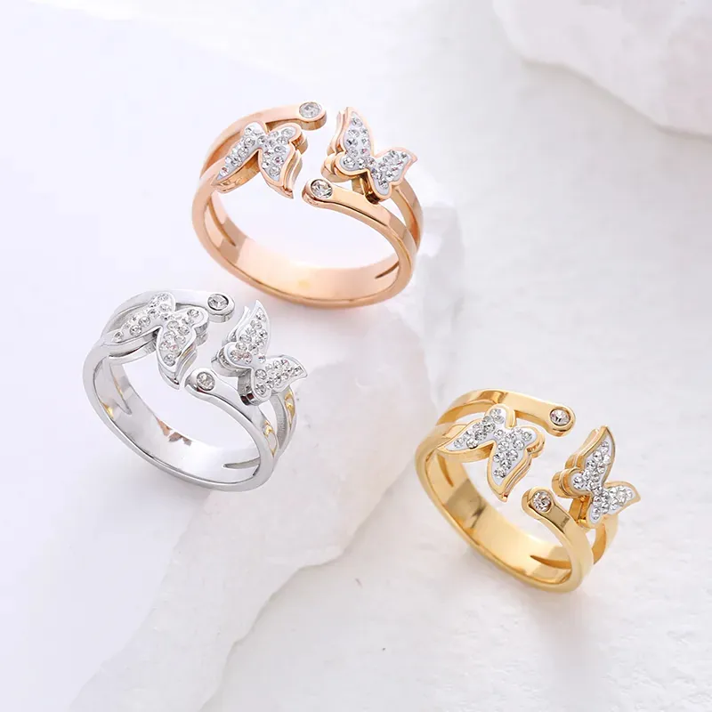 Bague Ouverte Papillon Acier Inoxydable 304 Givré Micro Pavé Zircon Réglable Double Couche Bande Bijoux Élégants Femmes