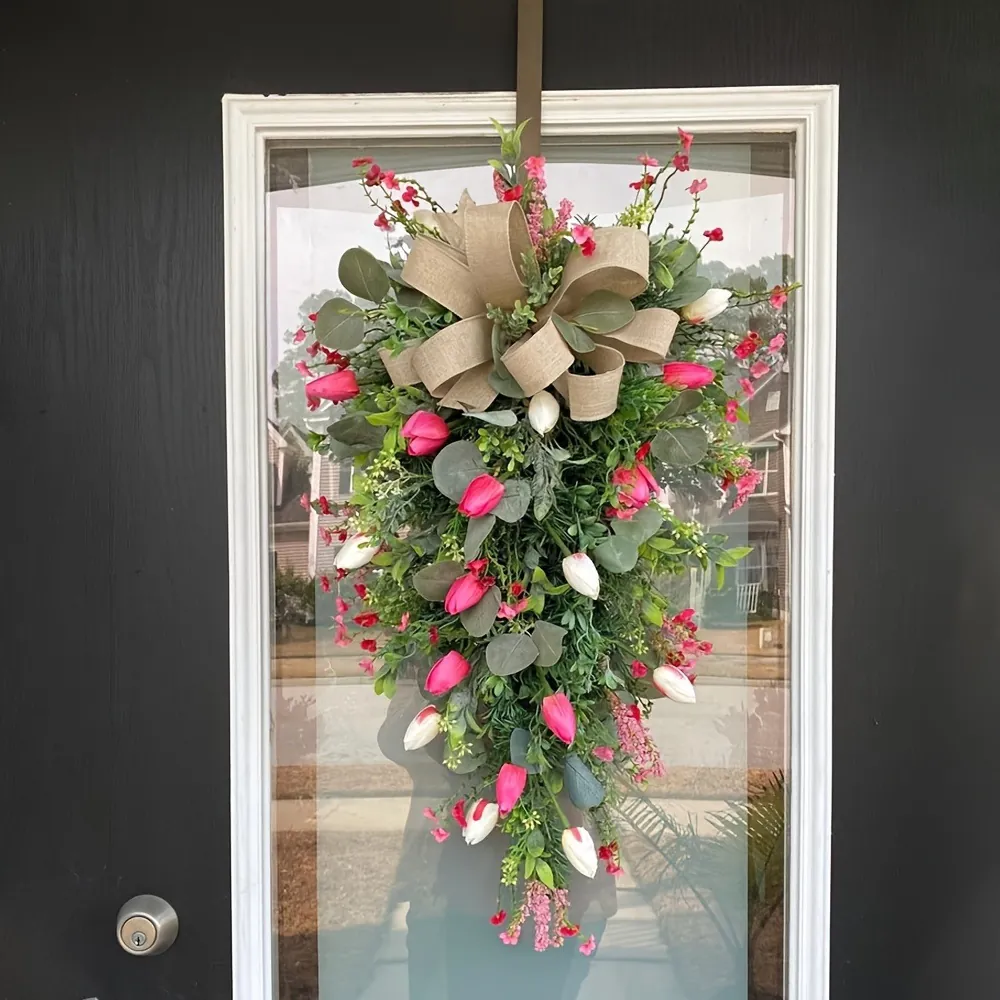 Artificial Tulip Flower Wreath Teardrop Swag With Burlap Bow For Front Door Wall Farmhouse Christmas Hanging Decor