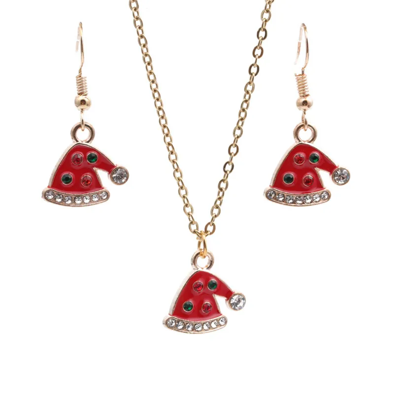 Weihnachts Mütze Halskette Und Ohrringe Legierung Emaille Strass Festlicher Schmuck Accessoires Für Damen Mädchen Rot