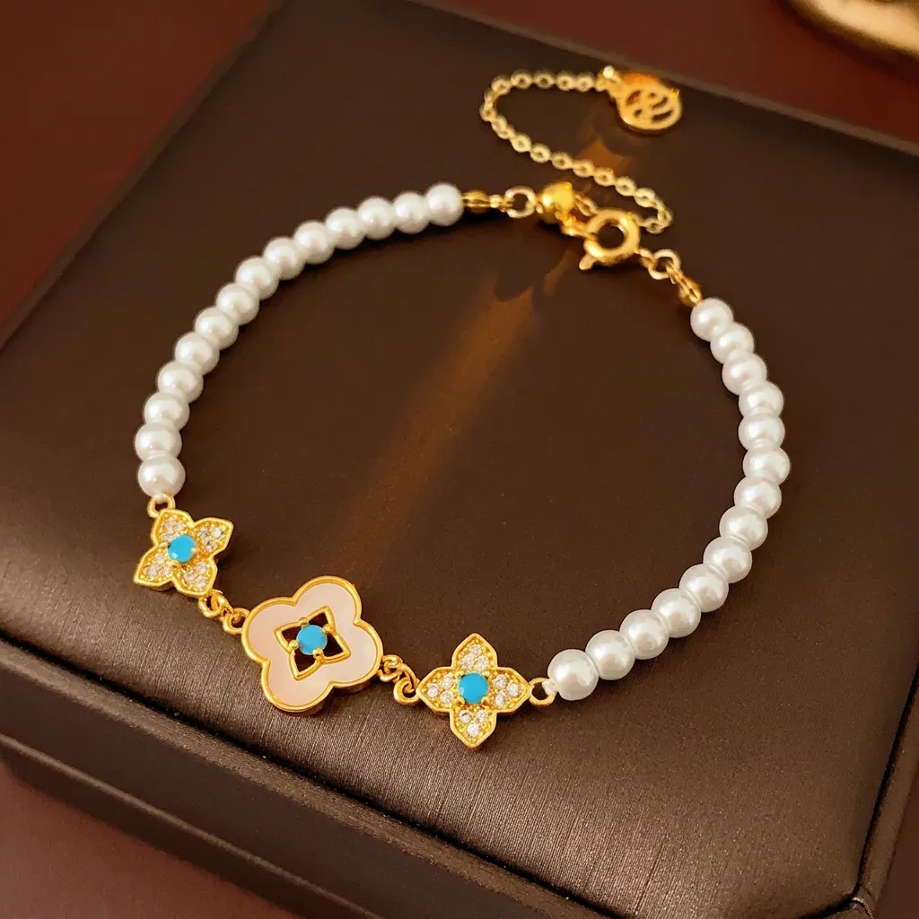 Bracciale Di Künstliche Perle Con Fiori Vintage Rame Placcato Oro 18K Zircone Madreperla Stile Corte Francese Gioielli Donna