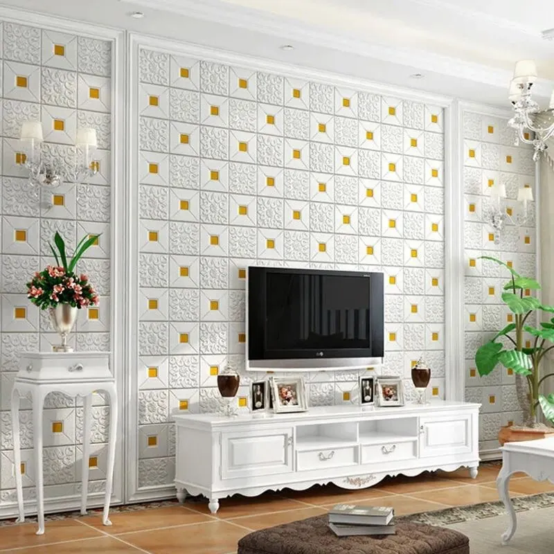 3D Wall Panels XPE Foam Self Adhesive Waterproof Wallpaper For Living Room TV Background Embossed Floral Square Design