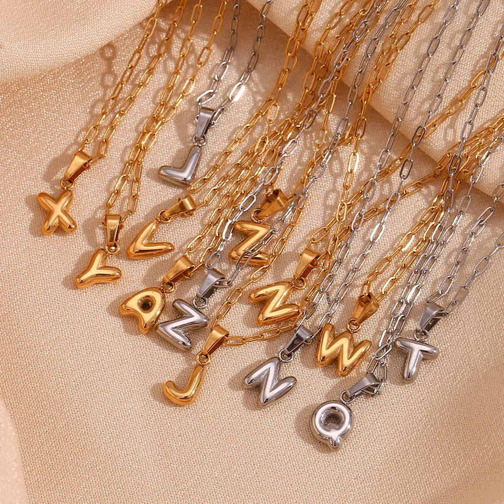 Stainless Steel 18K Gold Plated 3D Bubble Initial Letter Pendant Necklace Minimalist Paperclip Chain Women Jewelry Gift