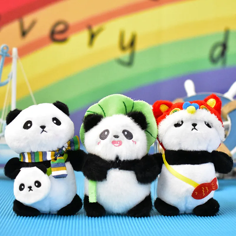 Cute Panda Plush Keychain Scarf Backpack Lion Dance Hat Lotus Leaf Transformer Stuffed Animal Bag Pendant For Women Kids