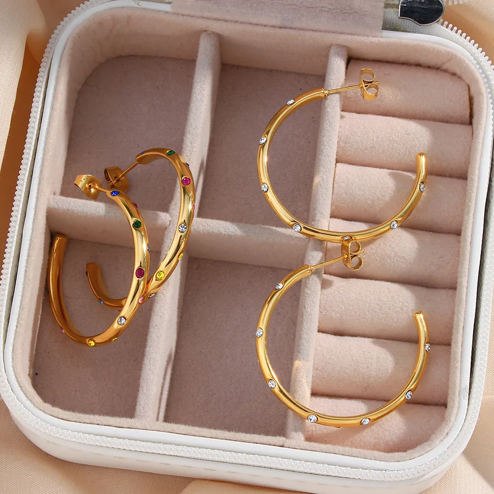 Hoop Earrings 18K Gold Plated Stainless Steel With Colorful Cubic Zirconia Geometric Fashion Jewelry For Women