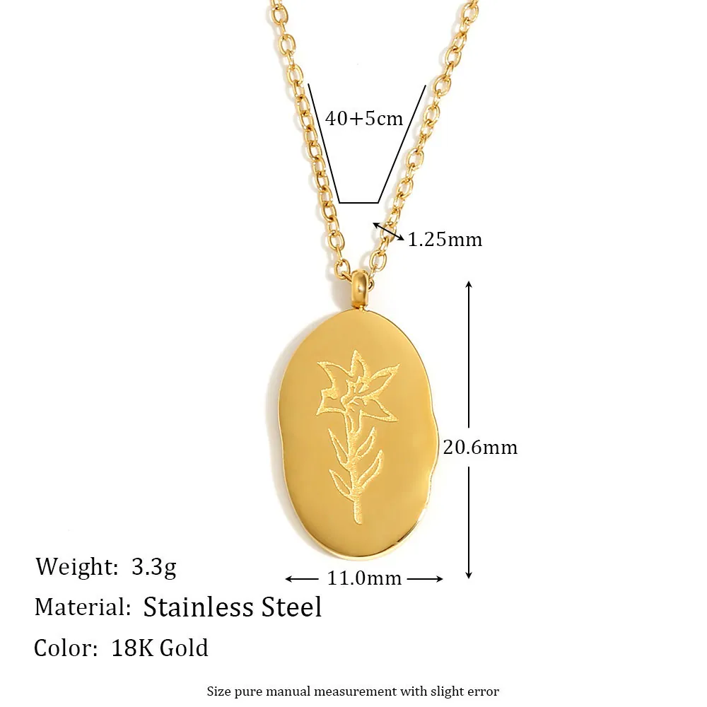 Stainless Steel Oval Birth Flower Pendant Necklace Gold Plated Embossed Floral Necklace For Women Niche Design Clavicle Chain