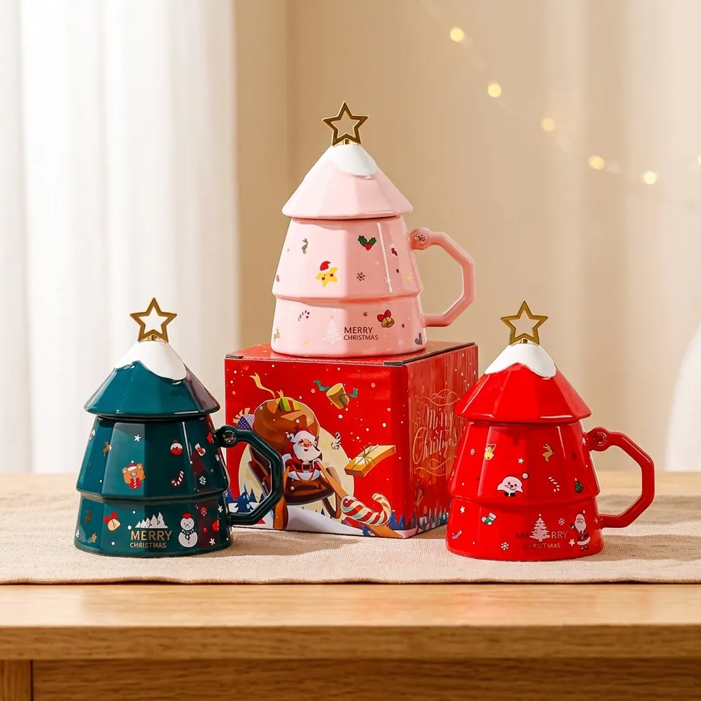 Tazza In Ceramica Albero Di Natale Con Coperchio Stella Dorata E Cucchiaio Tazza Da Caffè Regalo Grande Capacità Cartone Animato