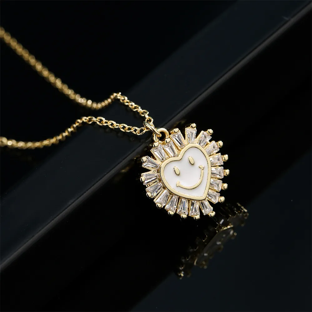 Smile Face Heart Pendant Necklace Copper Zircon Enamel Micro Pave Jewelry For Women Trendy Cute Gift