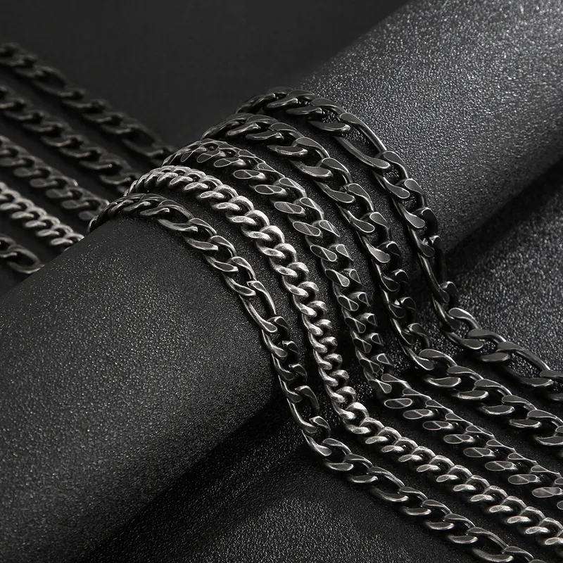 Collar De Cadena Cubana Y Figaro Para Hombre Acero Inoxidable Vintage Negro Desgastado