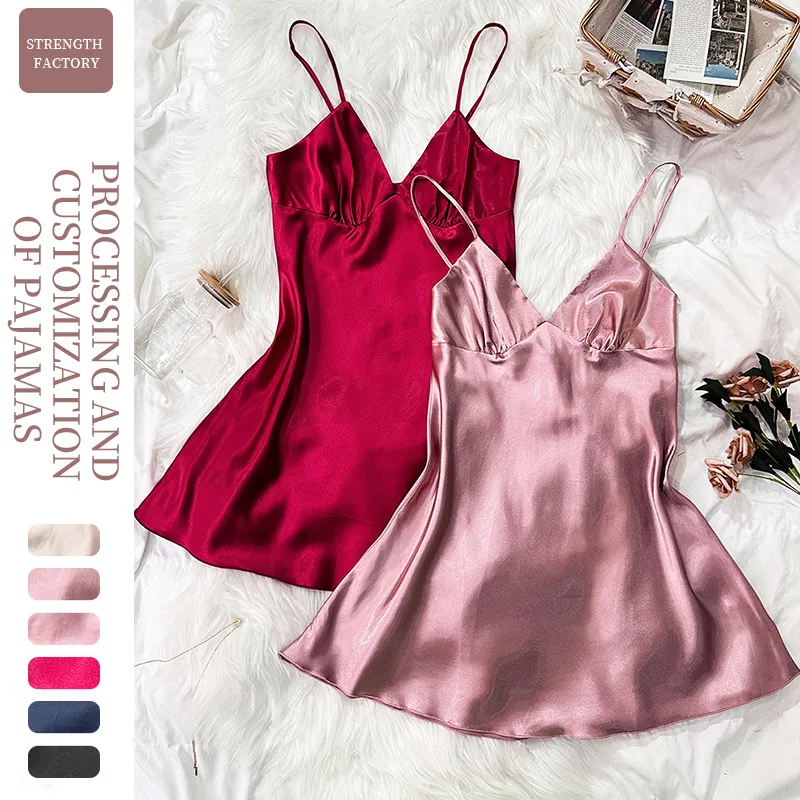 Women Satin Nightdress V Neck Spaghetti Strap Sexy Backless Sleepwear Satin Like Satiny Lingerie For Ladies