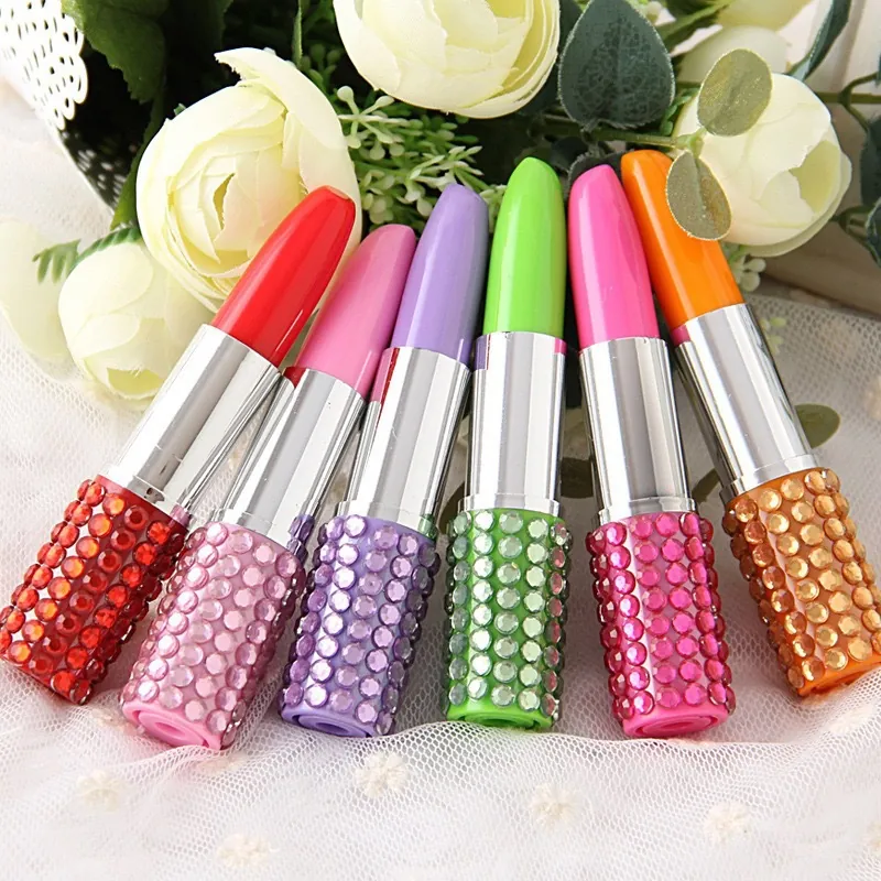 Creative ABS Rhinestone Lipstick Shape Ballpoint Pen Cute Korean Style Inlaid Shiny Stationery Office School Gift Pen