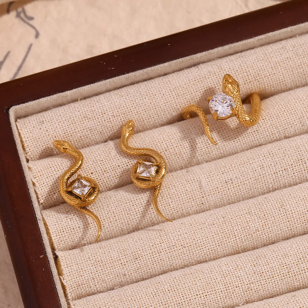 Boucles D'oreilles Et Bague Serpent Bijoux En Acier Inoxydable Plaqué Or 18K Zircon Cubique Carré Rond Pour Femmes