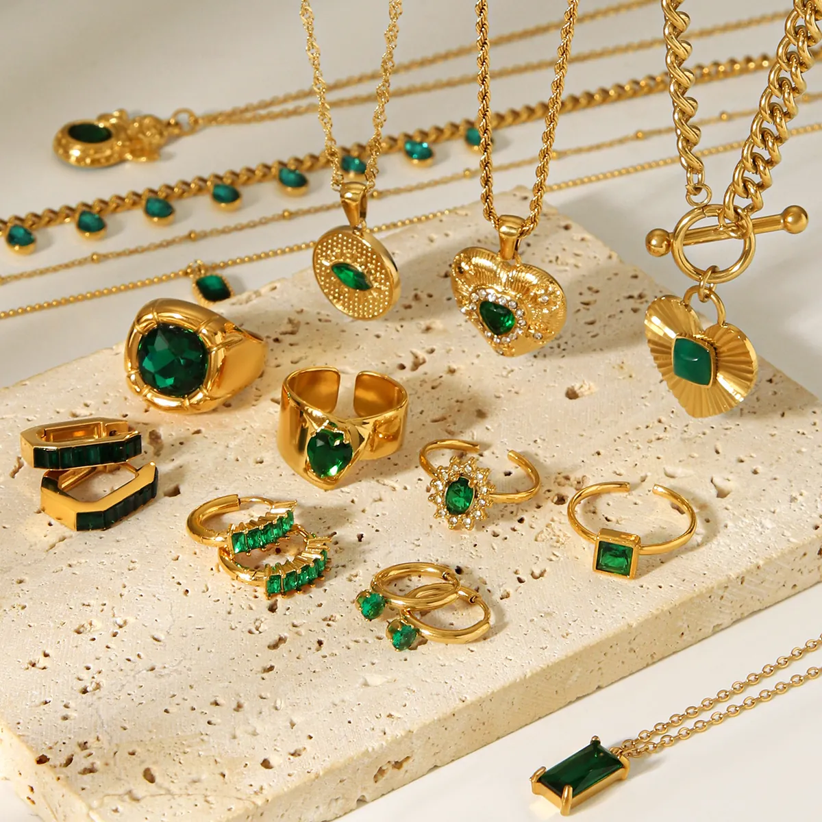 Green Zircon Jewelry Set For Women Stainless Steel Heart Water Drop Earrings Necklace Open Rings Vintage Ins Style