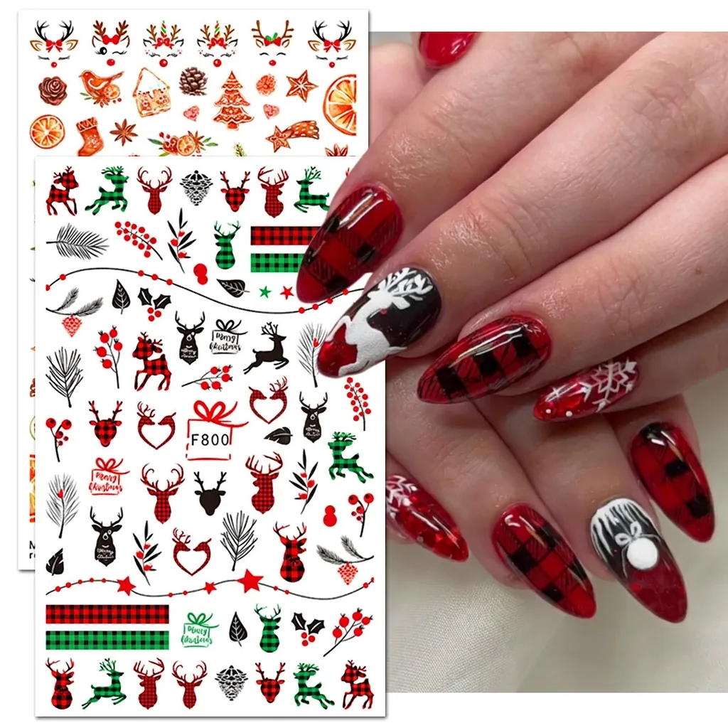 Christmas Nail Art Stickers Cartoon Santa Reindeer Snowflake Winter Holiday Decals For Women DIY Manicure Decoration Adhesive