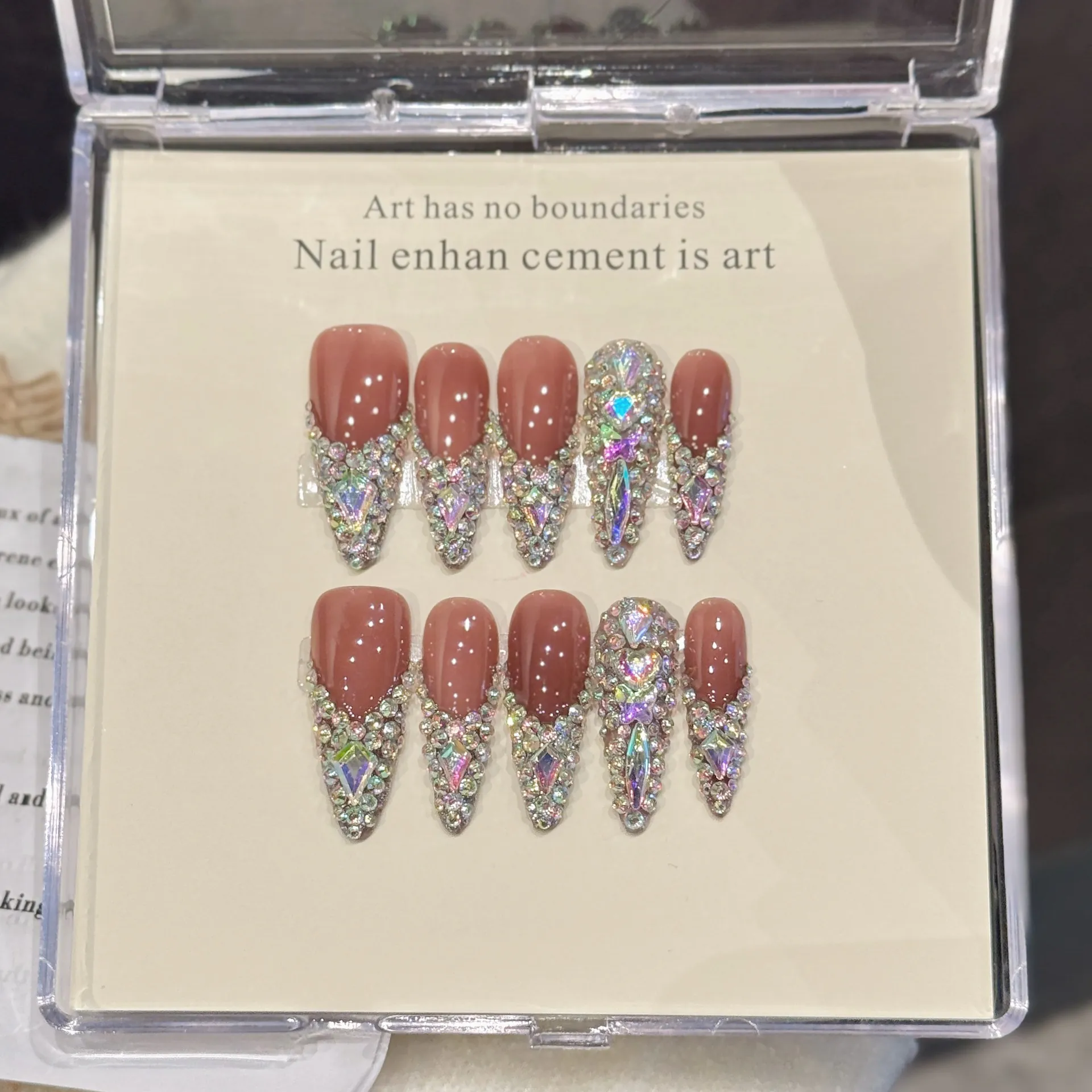 Handmade Long Stiletto Press On Nails French Nude Pink With Luxurious AB Rhinestones Full Cover False Nails For Women
