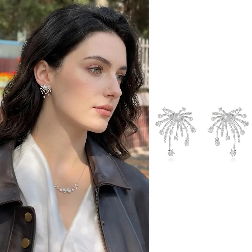 Firework Artificial Pearl Stud Earrings With 925 Sterling Silver Earring Post Zircon Starburst Elegant Jewelry For Women