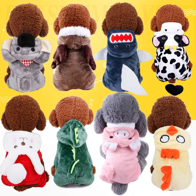 Dog Jumpsuit Warm Coral Fleece Hooded Cartoon Animal Transformation Costume For Small Pets Puppies Winter Soft Apparel