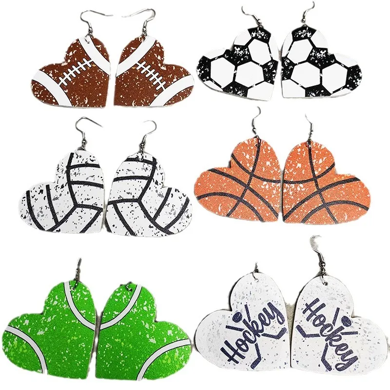 Heart Shaped PU Leather Drop Earrings Sports Theme Baseball Football Soccer Basketball For Women Girls Sports Fans Lightweight Fashion