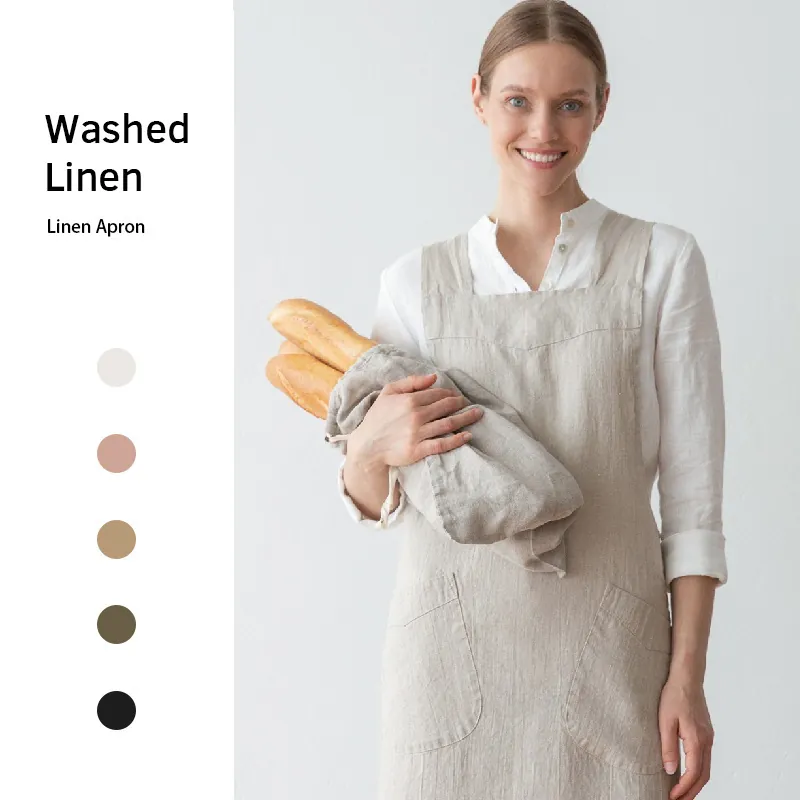 Washed Cotton Linen Apron Japanese Minimalist Cross Back With Pockets For Kitchen Gardening Cafe Baking Vintage
