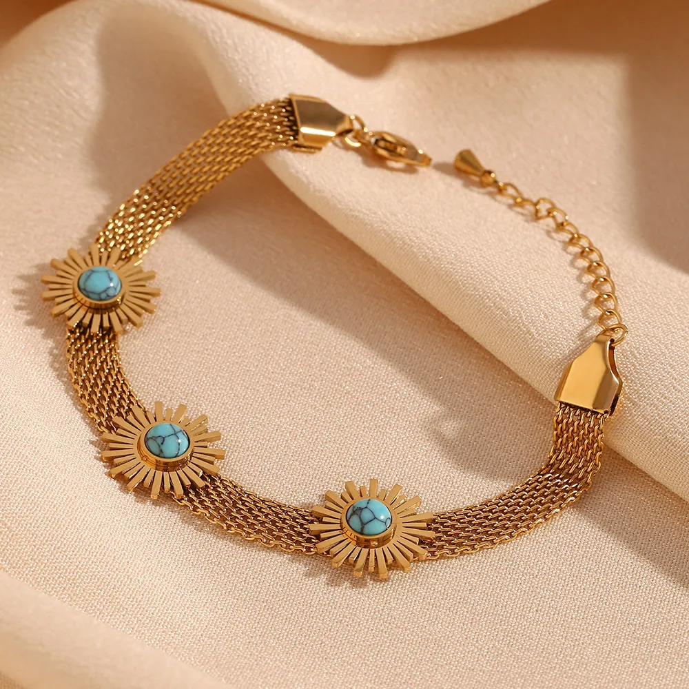 Vintage Stainless Steel Mesh Bracelet For Women 18K Gold Plated Sun Flower Artificial Turquoise Bohemian Jewelry Gift