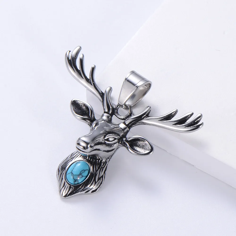 Collier Pendentif Tête De Cerf Élan Acier Inoxydable 304 Turquoise Incrusté Bijoux Animaux Punk Vintage Hommes Femmes