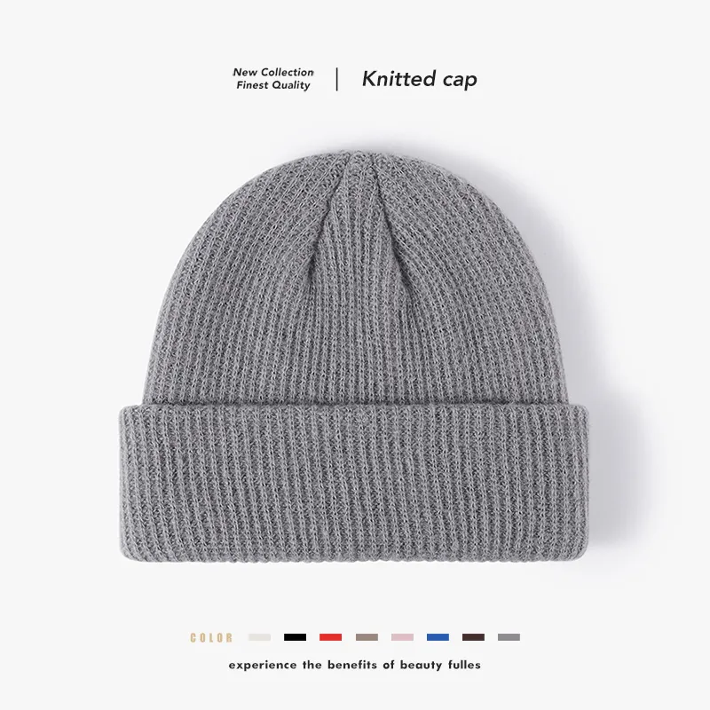 Knitted Beanie Hat For Men Women Winter Warm Polyester Ribbed Cuffed Skull Cap Solid Color Stretchy Outdoor