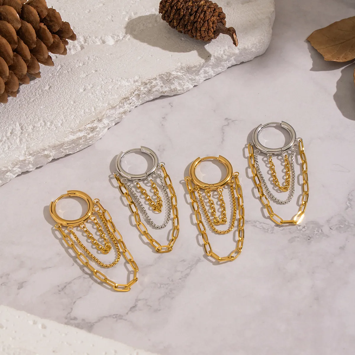 Stainless Steel Multi Layer Chain Tassel Hoop Earrings Geometric Line Hip Hop Style Waterproof Hypoallergenic For Women